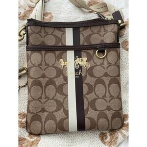 Coach Monogram Stripe Brown Crossbody Shoulder Bag Women's
